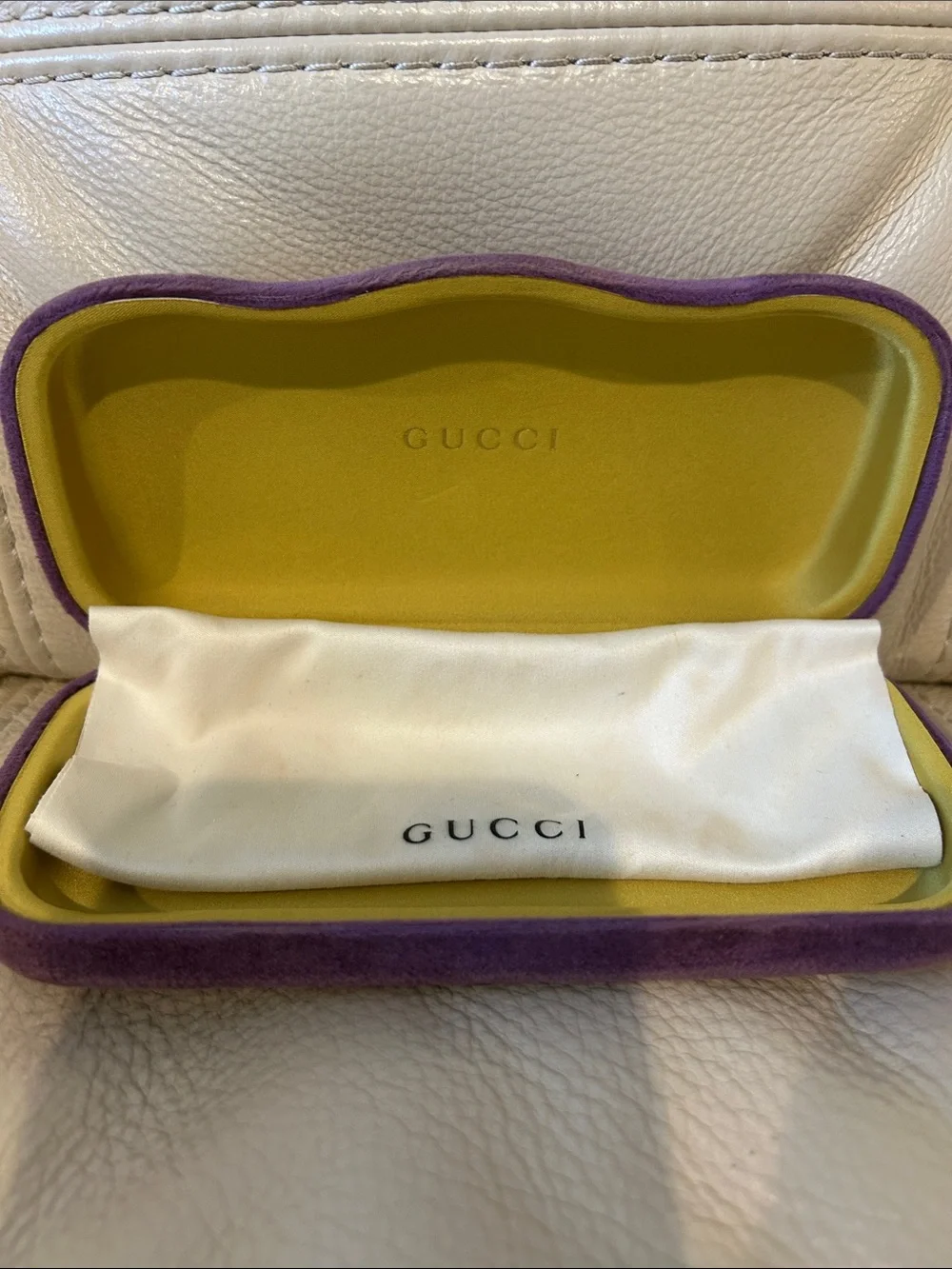 Gucci Purple Suede and Yellow Eyewear Case with White Dust Cloth